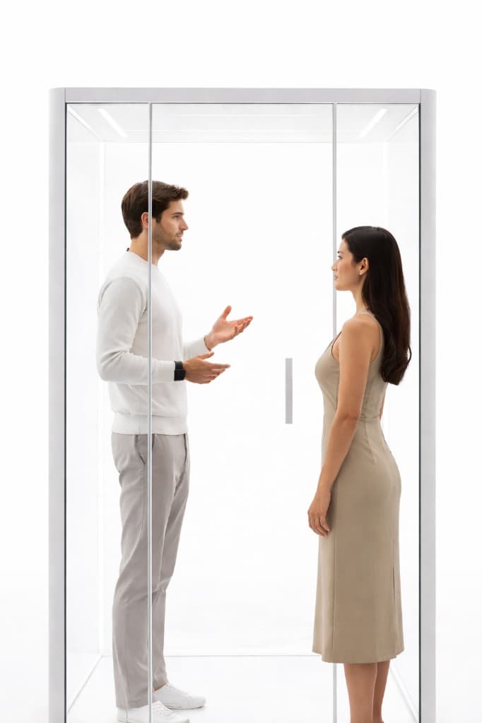 A man and woman standing in a clear glass booth