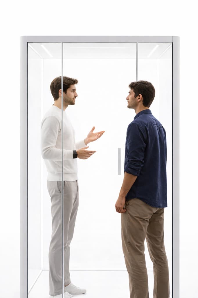 Two men standing face to face in a glass booth