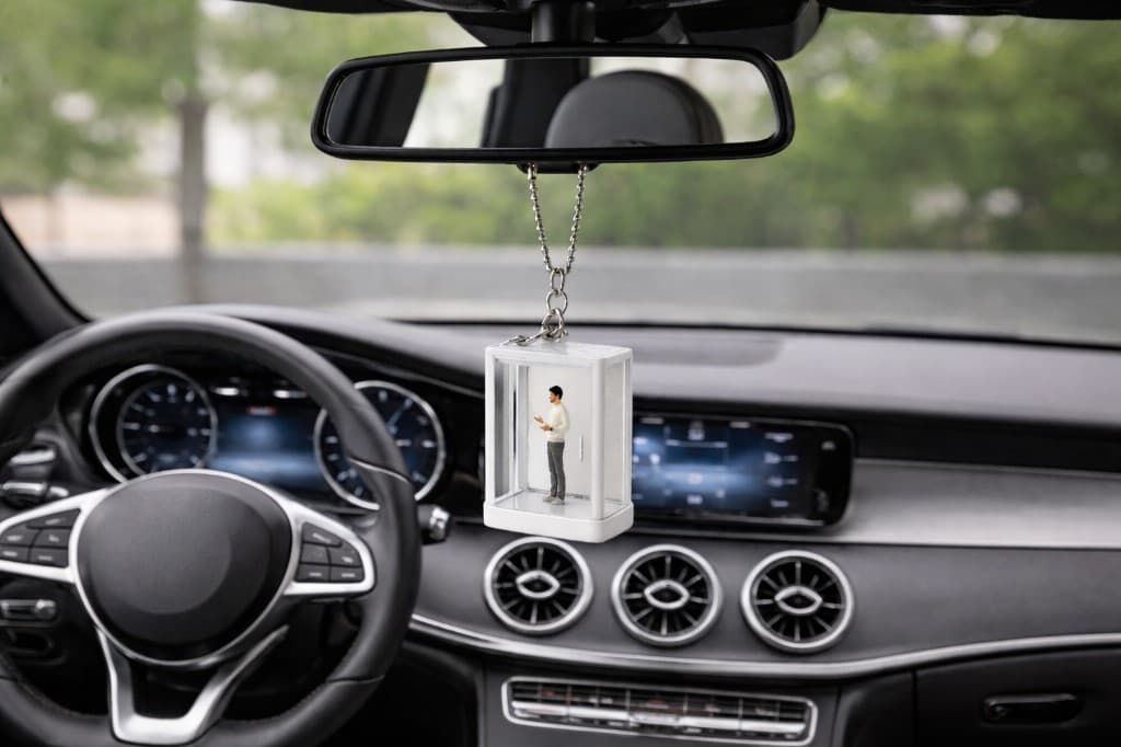 YAP Box keychain hanging from a rear-view mirror