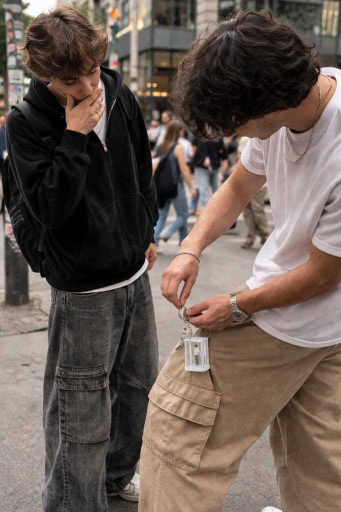 Two people in the city with one person attaching a key chain